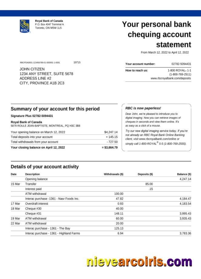 Canada Royal Bank of Canada (RBC) bank statement, Word and PDF,version 3